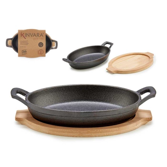 Bandeja Oval Kinvara Hierro y Bambú 22.5x12.5x4.5 cm - Gris y Madera, Apta Horno (12 Unidades)