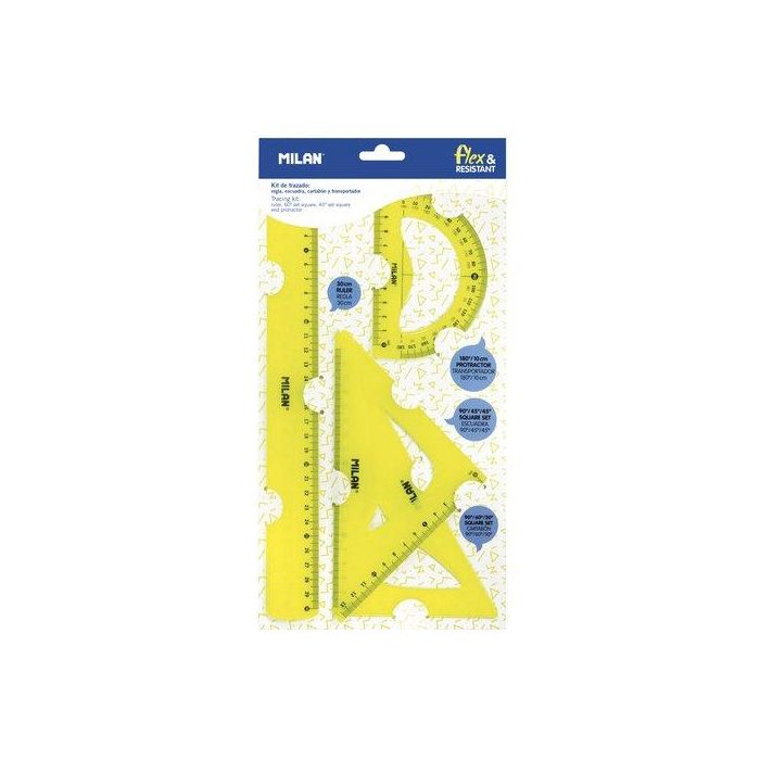 Milan Reglas Flex&Resistant 30 cm, Escuadra, Cartabón y Transportador, Kit 4 Piezas Amarillo Translúcido