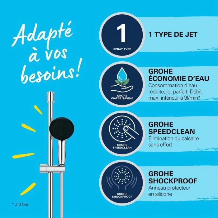 Grohe 26953001 Set de Ducha con Rociador de 1 Chorro, Barra de 90 cm y Flexo - Ahorro de Agua - Cromo 2