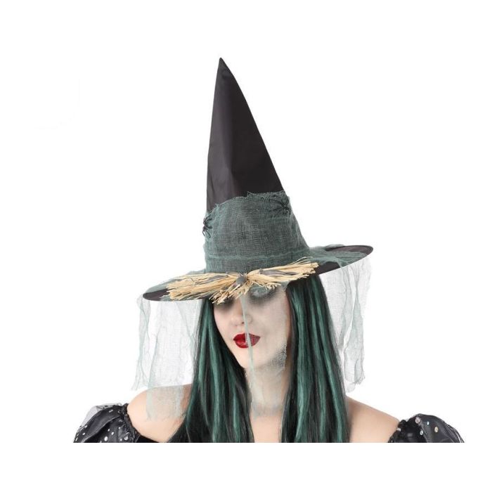 Sombrero De Bruja Negro Con Velo Y Paja 38x55 cm - Accesorio para Halloween y Carnaval