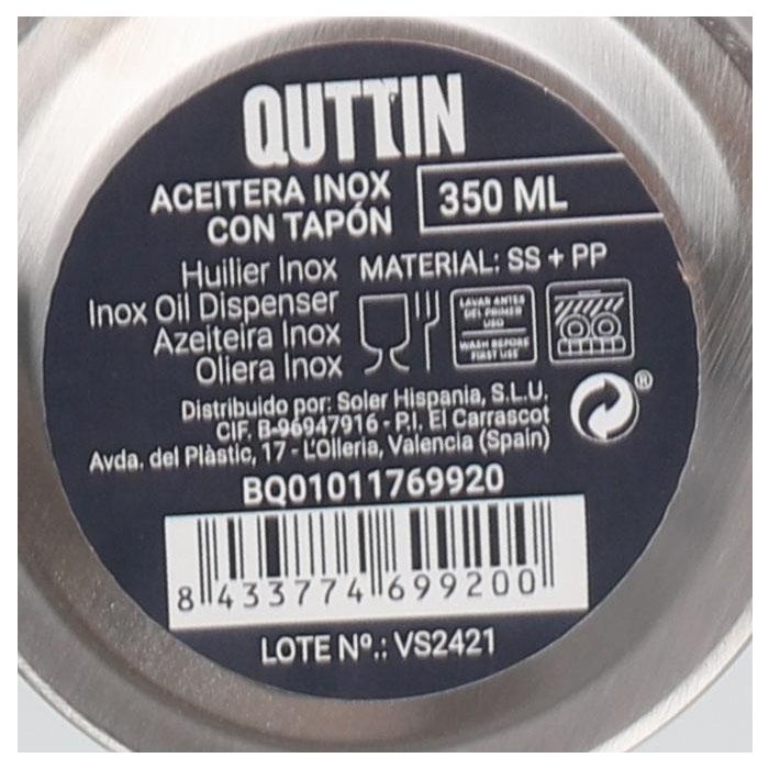 Aceitera de acero inoxidable 350 ml con tapón Quttin (12 Unidades) 7 Aceitera de acero inoxidable 350 ml con tapón Quttin (12 Unidades) 7