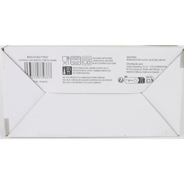 La Mediterranea Aceitera Cuadrada Borosilicato y Tapa Metal 1000 ml - 8,5 cm x 22 cm x 17 cm (6 Unidades)