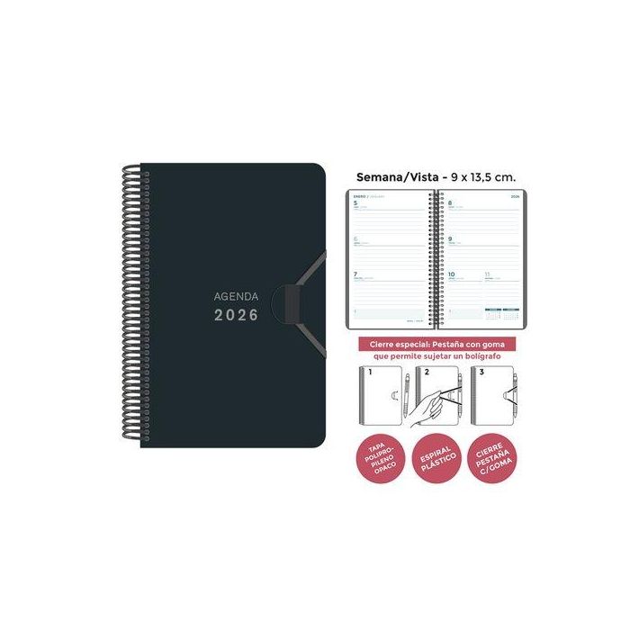 Agenda Anual (2026) Senfort Mini Espiral Tapa Pp Con Goma 90X135 S/V Negro