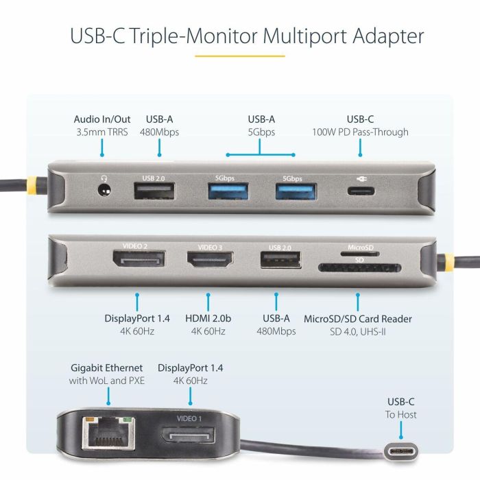 Hub USB Startech 154B-USBC-MULTIPORT Gris 100 W 7 Hub USB Startech 154B-USBC-MULTIPORT Gris 100 W 7