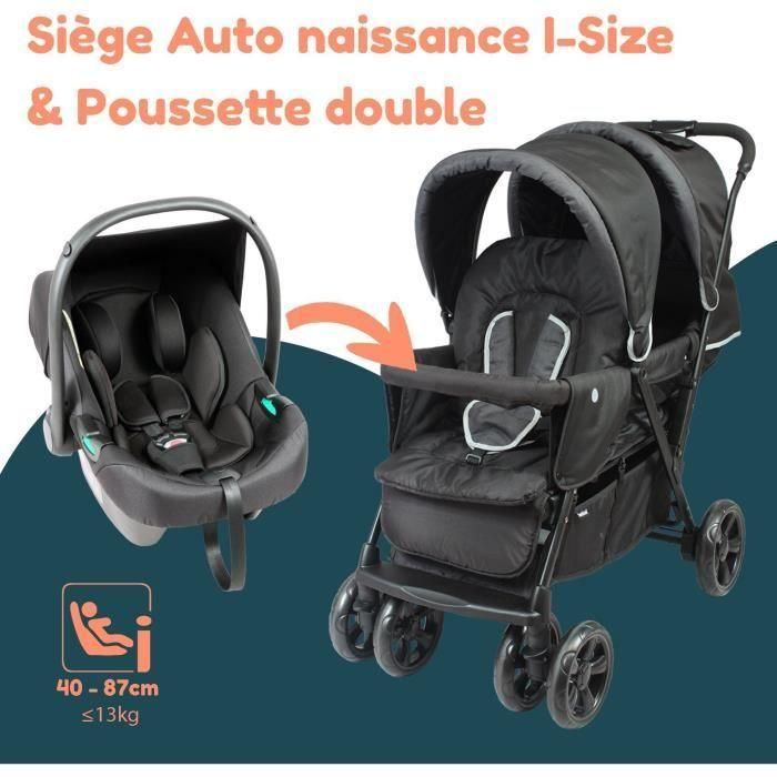 Cochecito doble gemelo - BAMBISOL - Cochecito doble combinado + Silla de coche I-size - 4 ruedas - Negro 1