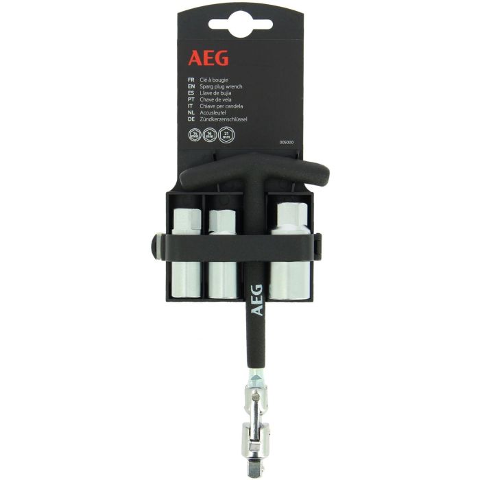 Llave para bujías articulada con doble rótula y manguitos surtidos de 16 mm, 18 mm y 21 mm. Mango en T antideslizante de acero inoxidable. 1 Llave para bujías articulada con doble rótula y manguitos surtidos de 16 mm, 18 mm y 21 mm. Mango en T antideslizante de acero inoxidable. 1