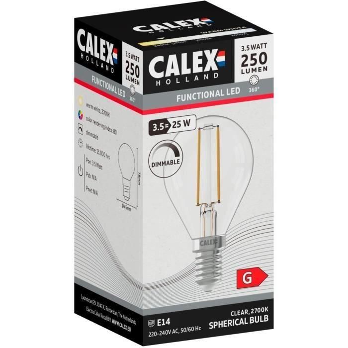 Calex CAL8712879152804 Bombilla LED E14, BALL P45 Filamento Recto, 3.5W, 250lm, 2700K, Regulable, Transparente 1