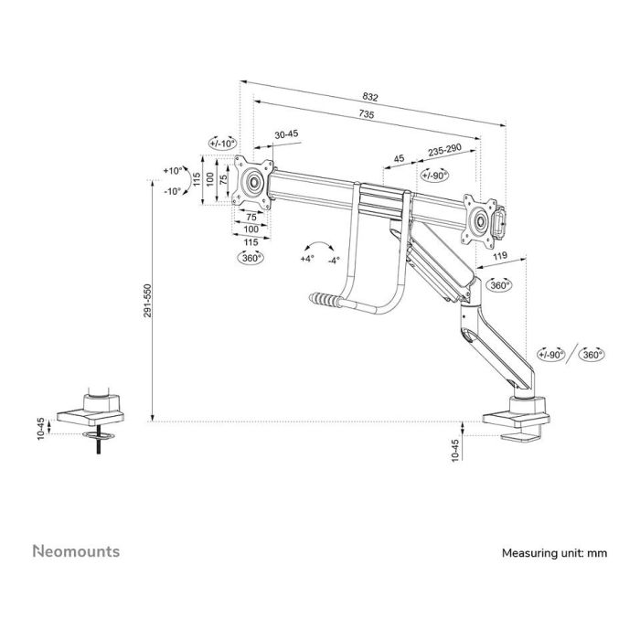 Neomounts Brazo de Monitor para 2 Pantallas DS75-450WH2, 17-32 Pulgadas, 8kg por Pantalla, Resorte de Gas, Blanco