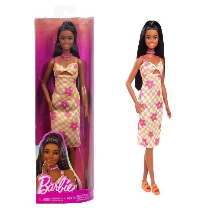 Barbie Fashionista Hyt91 Muñeca Alta con Vestido Midi de Cuadros Naranja y Flores Rosas