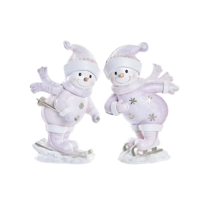 DKD Home Decor Figura Decoración Navidad Muñeco de Nieve Fantasía Resina Rosa Blanco 13.5x24.5x15 cm (2 Unidades)