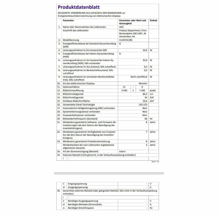 AOC CU34V5C/BK Monitor Curvo 34" Wide Quad HD (3440x1440) 1ms VA USB-C HDMI DisplayPort 100Hz 41 AOC CU34V5C/BK Monitor Curvo 34" Wide Quad HD (3440x1440) 1ms VA USB-C HDMI DisplayPort 100Hz 41