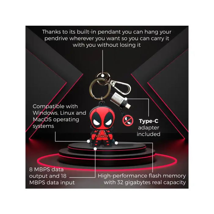 Wondee Memoria USB Deadpool 32GB Llavero Pendrive con Adaptador USB C 6