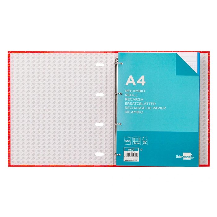 Liderpapel Carpeta con Recambio A4 Cuadro 5mm Forrada 4 Anillas 20mm con 120 Hojas 80g 7