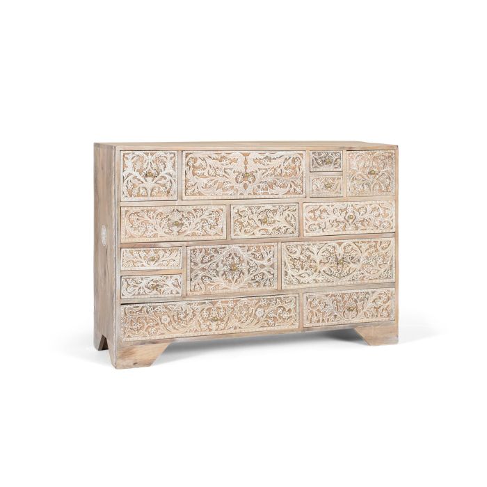 Giner y Colomer Cómoda de Madera de Mango con 14 Cajones y Diseño Tallado a Mano Blanco Decapé 1 Giner y Colomer Cómoda de Madera de Mango con 14 Cajones y Diseño Tallado a Mano Blanco Decapé 1