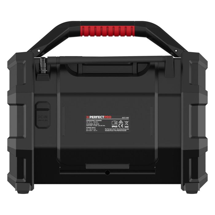 PerfectPro ROCKTAGON Radio de obra digital 30W DAB+ FM Bluetooth 5.2 IP65, 4 altavoces, compatible baterías 18V Bosch Makita DeWalt Milwaukee, USB, Negro/Rojo
