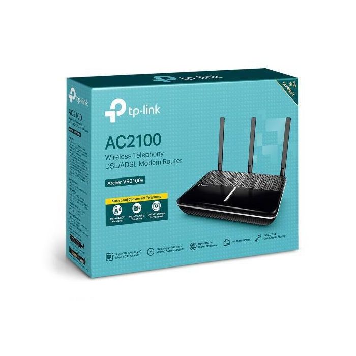 TP-Link 1× 10/100/1000Mbit/s RJ45 WAN/LAN, 3× 10/100/1000Mbit/s RJ45 LAN, 3× RJ11, USB 3.0, 2.4/5GHz, 300 + 1733 Mbps, 216 x 163.7 x 36.8 mm 3 TP-Link 1× 10/100/1000Mbit/s RJ45 WAN/LAN, 3× 10/100/1000Mbit/s RJ45 LAN, 3× RJ11, USB 3.0, 2.4/5GHz, 300 + 1733 Mbps, 216 x 163.7 x 36.8 mm 3