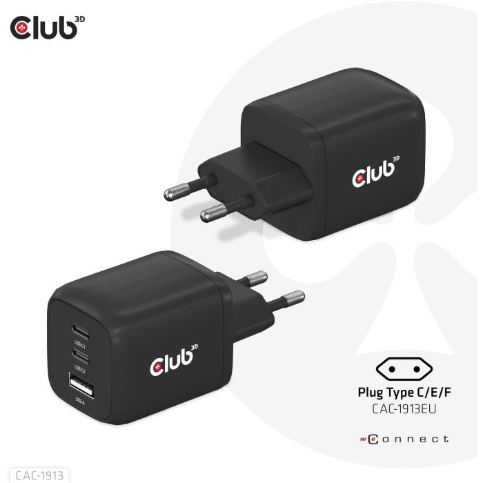 Club3D Cargador de viaje PPS GaN 65W, 2x USB-C + 1x USB-A, Carga Rápida PD 3.0 para Móviles y Portátiles, Negro