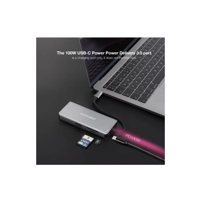 Nano Cable 10.16.1009 Docking Station USB-C 9 en 1 con 3xUSB, 2xHDMI 4K, 1xRJ45, Lector Tarjetas SD/TF, USB-C PD 100W - Gris