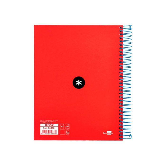 Cuaderno Espiral A5 Micro Antartik Tapa Forrada 120H 90 gr Liso Con Bandas 6 Taladros Color Rojo 2