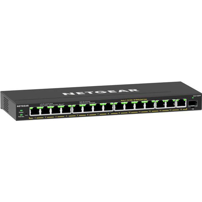 NETGEAR GS316EPP-100PES Switch PoE+ Gigabit con 16 Puertos RJ45, 1 Puerto SFP y 231W de Potencia Total 1 NETGEAR GS316EPP-100PES Switch PoE+ Gigabit con 16 Puertos RJ45, 1 Puerto SFP y 231W de Potencia Total 1