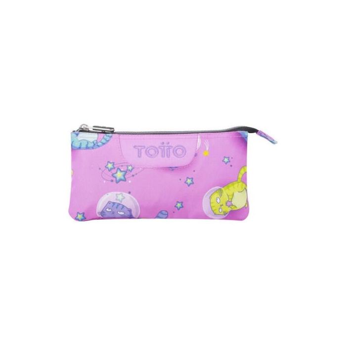 Totto AC52ECO012-2310Z-9I9 Estuche Escolar Tres Compartimentos Gatos Astronautas Rosa Pastel