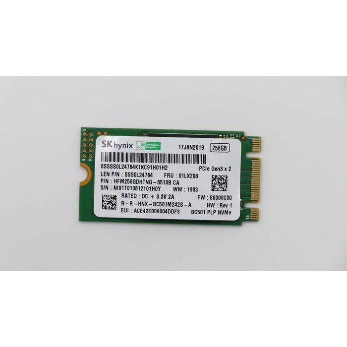 Lenovo M.2 PCIe NVMe SSD, 256GB capacity, read speeds up to 3500MB/s, write speeds up to 2800MB/s, RoHS compliant.