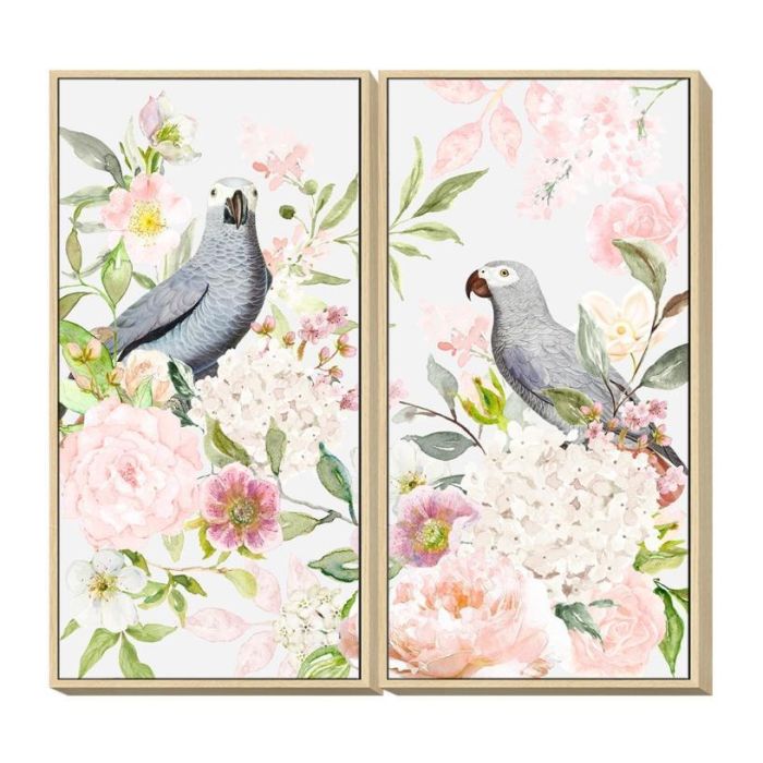DKD Home Decor Cuadro Shabby Flores Loro Rosa Gris 120x60x4 cm Lienzo Hecho a Mano (2 Unidades)