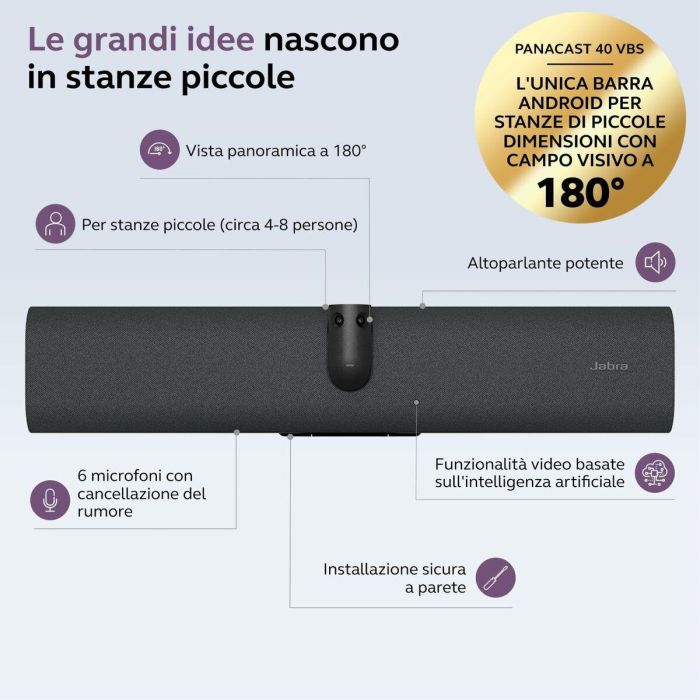 Jabra Panacast 40 VBS Bar Only - Cámara de Videoconferencia para Microsoft Teams Rooms, Zoom Rooms, Resolución 3840 x 1080, PTZ 4x, WiFi, Bluetooth 5.2, 6 Micrófonos, Negro