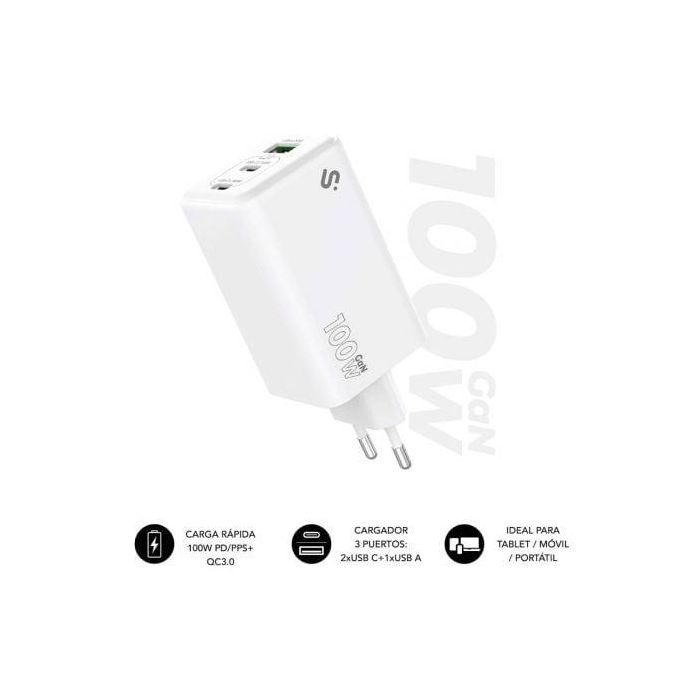 Subblim Cargador 100W GaN USB C+C+A SUBCHG-6G1003 | Carga Rápida para Portátiles, Tablets y Smartphones con 3 Puertos