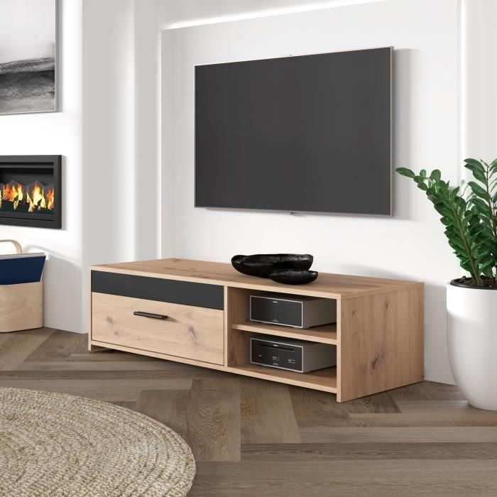 Mueble TV PILVI - Estilo moderno - Decoración roble - 1 solapa + 2 nichos - L 120 x P 42 x H 32 cm 1