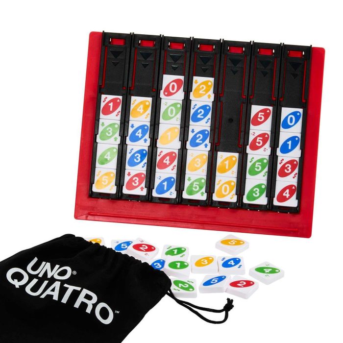 Mattel Games HPF82 UNO Quatro Juego de Cartas Familiar con Mecánica de Cuatro en Raya y Acciones Especiales 1