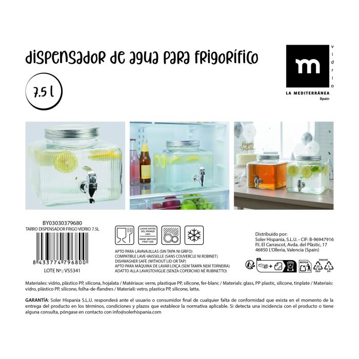 Inde Tarro Dispensador Frigo de Vidrio 7.5 Litros - Capacidad 7.5L, Medidas 23 x 23 x 20.5 cm (4 Unidades)