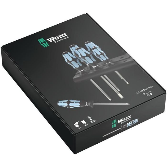 Wera 3334/6 Juego de destornilladores de acero inoxidable, 6 piezas, plano y Phillips, mango ergonómico aislado, punta imantada con rack 1