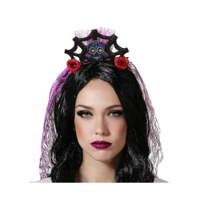 Diadema Halloween Telaraña Púrpura Mujer Adulto Corona con Velo Negro y Morado Accesorio Catrina