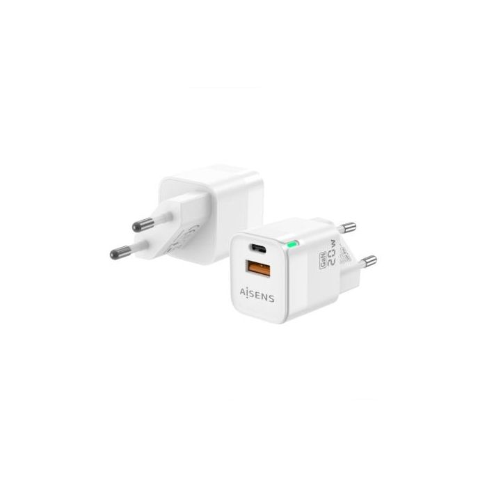 Aisens Cargador GaN 20W, 1xUSB-C PD3.0 QC4.0, 1xUSB-A QC3.0, Blanco