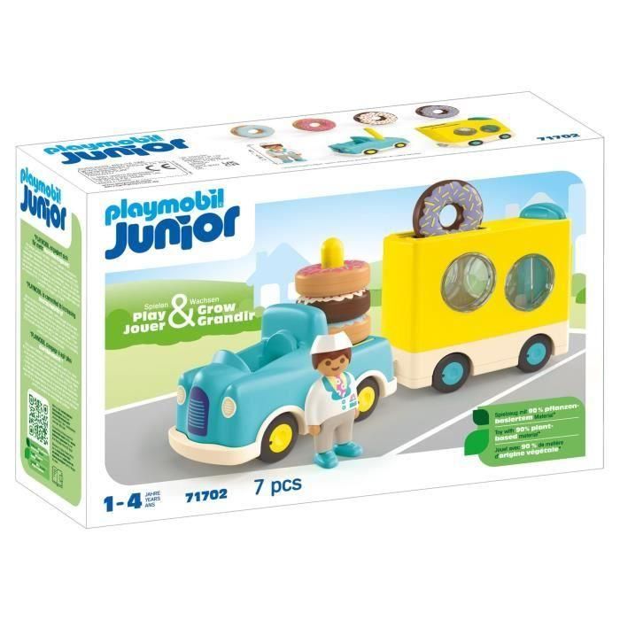 Playmobil Camión de Donuts Junior con Figura Vendedor, Remolque, Función Apilamiento y Clasificación, incluye 4 Donuts, para niños +1 año