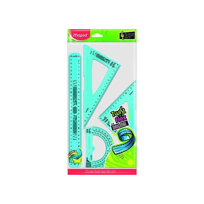 Maped Kit De 4 Reglas Twist'N Flex Maxi 30 cm, Escuadra, Cartabón y Transportador, Colores Surtidos