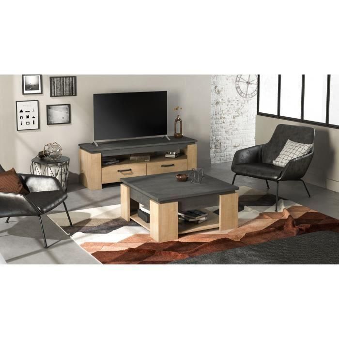 Mesa de centro cuadrada AUSTIN - Decoración roble Hamilton y Sidewalk - L 80 x P 80 x H 37,2 cm - DEMEYERE 1 Mesa de centro cuadrada AUSTIN - Decoración roble Hamilton y Sidewalk - L 80 x P 80 x H 37,2 cm - DEMEYERE 1