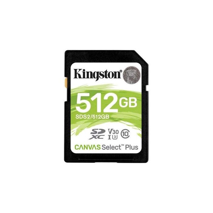 Kingston Tarjeta Memoria SDXC 512 GB Canvas Select Plus - Clase 10, UHS-I, V30, 100 MB/s, Resistente al Agua, Calor y Vibraciones