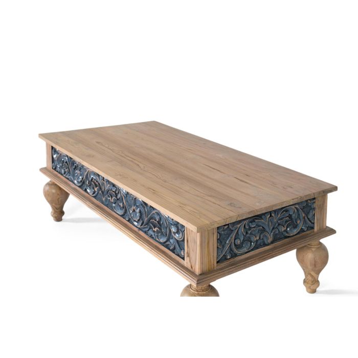 Giner y Colomer Mesa de Centro de Teca Maciza Bicolor Natural y Azul Tallada a Mano 2 Giner y Colomer Mesa de Centro de Teca Maciza Bicolor Natural y Azul Tallada a Mano 2