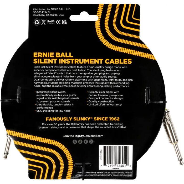 Ernieball Cable Instrumento Silent Jack-Jack SS 6m Negro 1