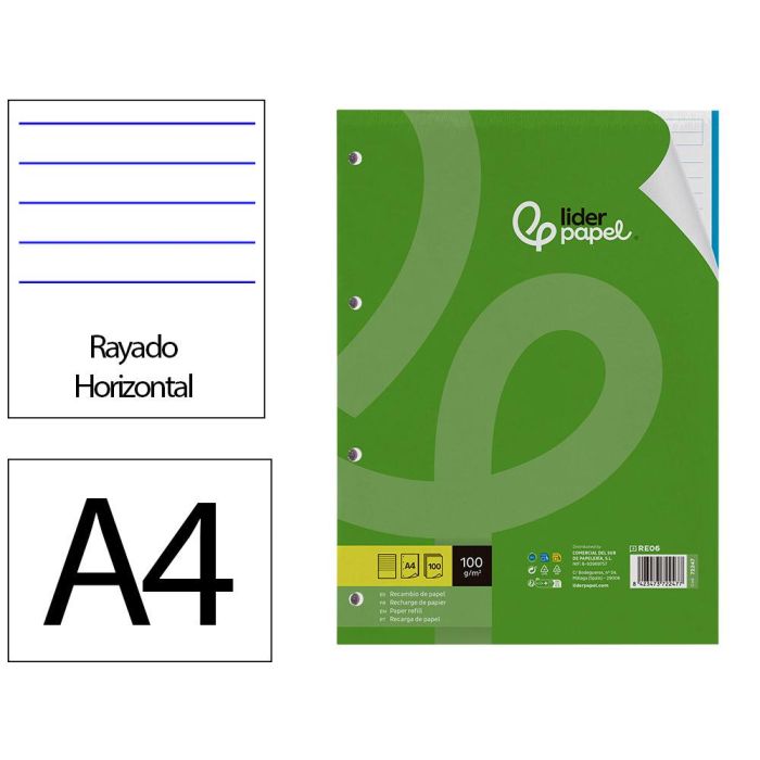 Recambio Liderpapel A4 100 Hojas 100 gr-M2 Rayado Horizontal 4 Taladros Bandas De 5 Colores 24 unidades