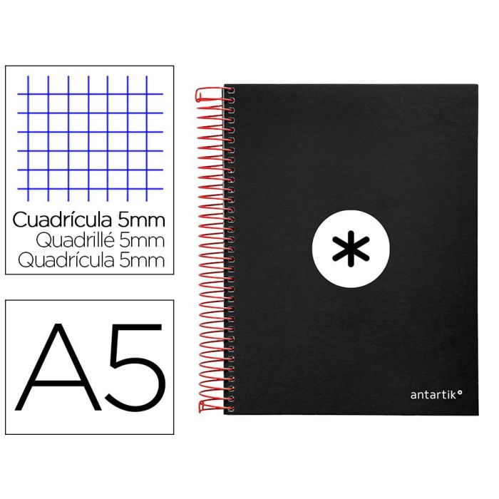 Cuaderno Espiral A5 Micro Antartik Tapa Forrada120H 90 gr Cuadro 5 mm 5 Bandas6 Taladros Color Negro