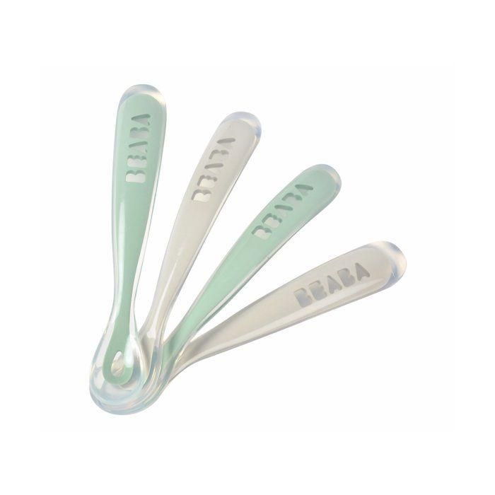 Juego de 4 cucharas de silicona para primera edad, color gris terciopelo y verde salvia Juego de 4 cucharas de silicona para primera edad, color gris terciopelo y verde salvia