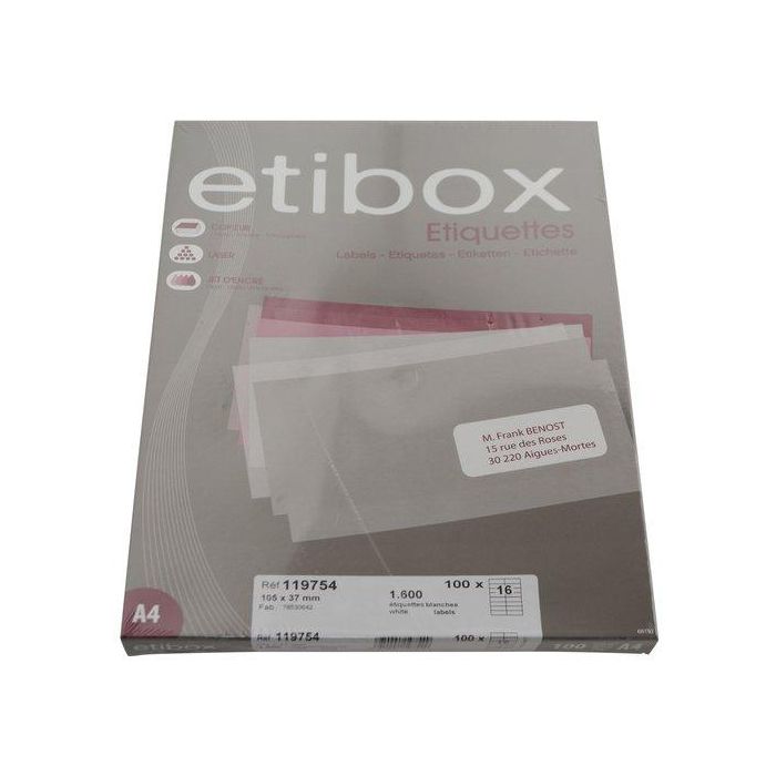 Etiquetas Adh.Impr. A4 Blanca Caja 100H C.Rectos 105X 37 Mm 1.600 Uds.