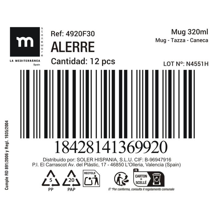 La Mediterranea Mug Alerre 320 ml (Ø 8 cm x 10.5 cm) de Cerámica para Café (24 Unidades)