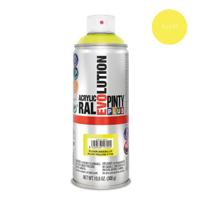 Pinty Plus F146 Pintura Acrílica Spray Evolution Fluorescente Amarillo 520cc Secado Rápido Liso para Interior y Exterior