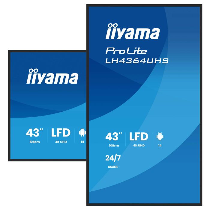 Iiyama LH4364UHS-B1AG Monitor 43" UHD 3840x2160 VA DLED 500cd/m², Android 14 OS, Operación 24/7, Incluye Soporte Pared