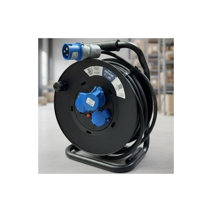 Phasak Regleta Enrollable BN 3478, 3 Tomas (2 Schuko + 1 Industrial 2P+TT), Cable 40m, Negro y Azul 2
