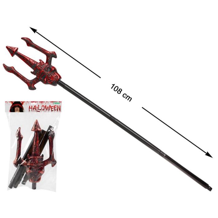 Tridente Rojo con Calavera 108 cm Para Demonio o Diablo, Accesorio de Disfraz Brillante para Halloween